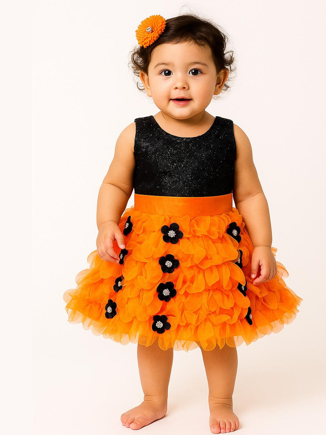 STUMBLE FASHION Girls Orange Round Neck Sleeveless Fit and Flare Dress