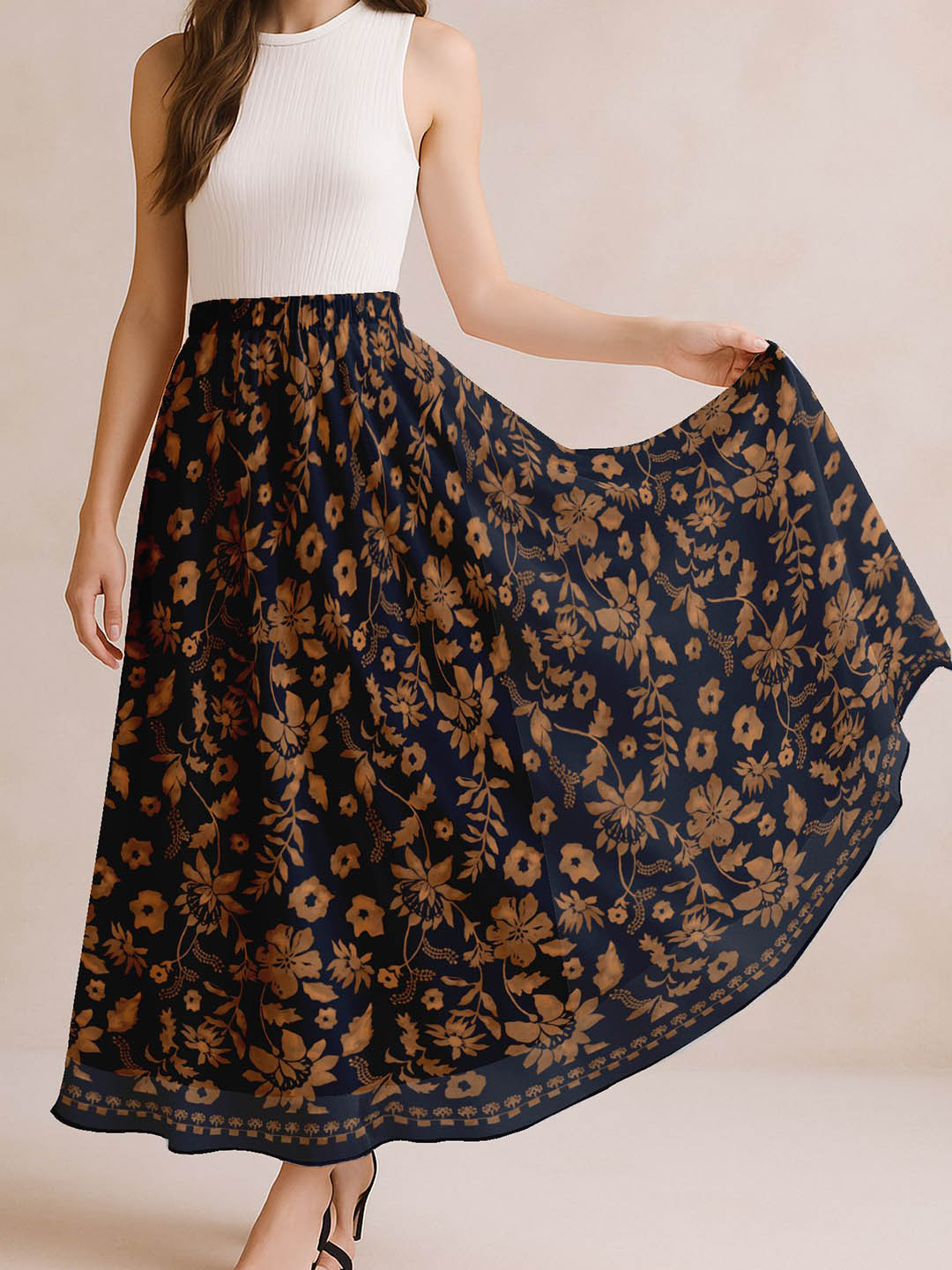 Moomaya Printed High Waist Flowy A-Line Maxi Skirt