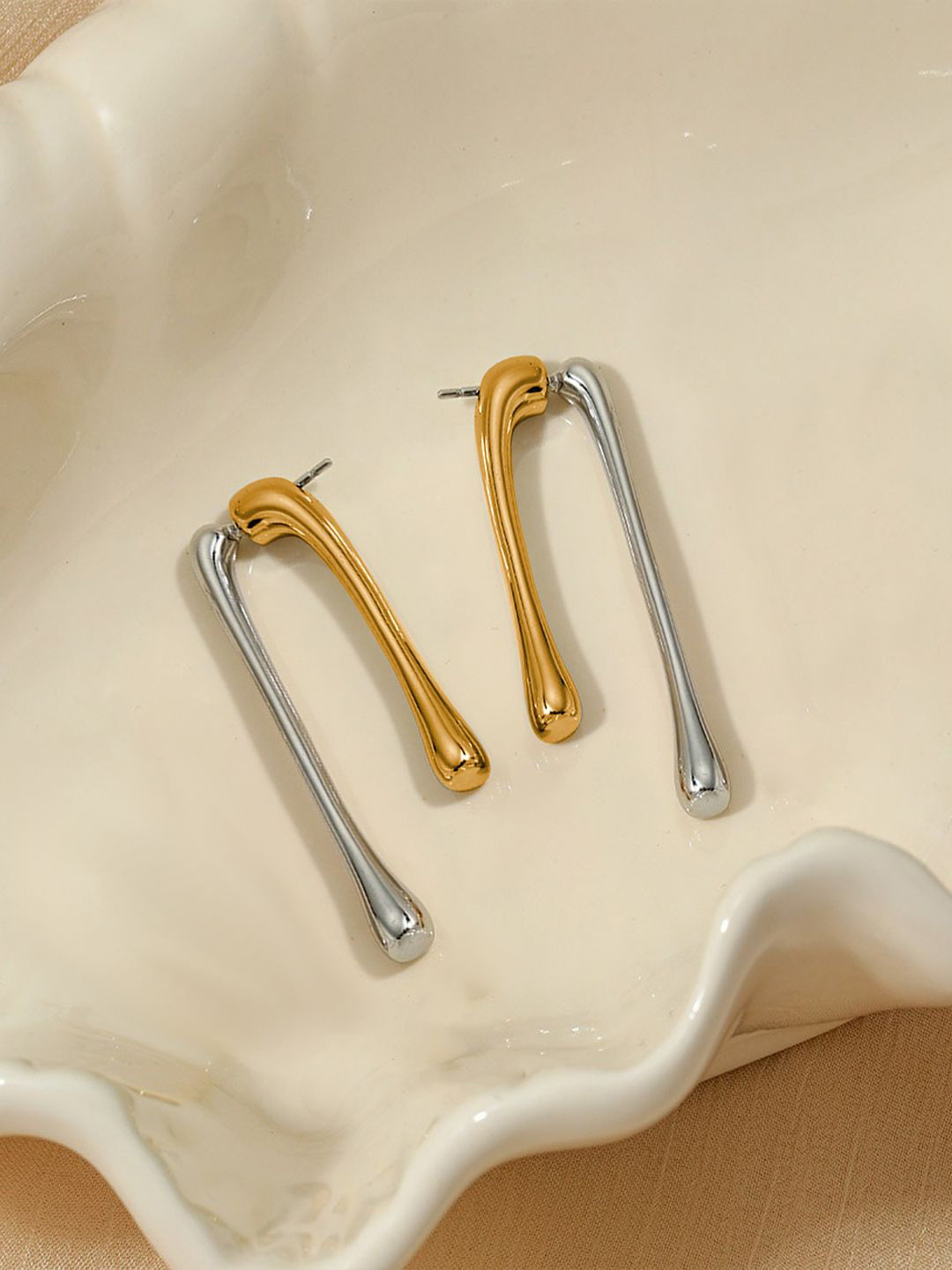KRENOZ Rhodium-Plated Classic Dual Tone Classic Abstract Drop Earrings