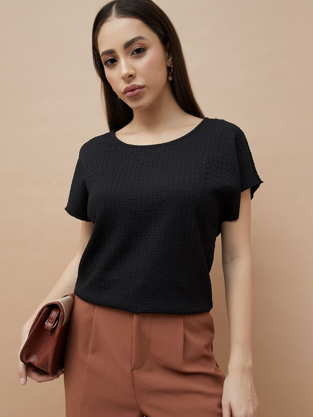 CODE by Lifestyle Round Neck Flared Sleeves Textured Top