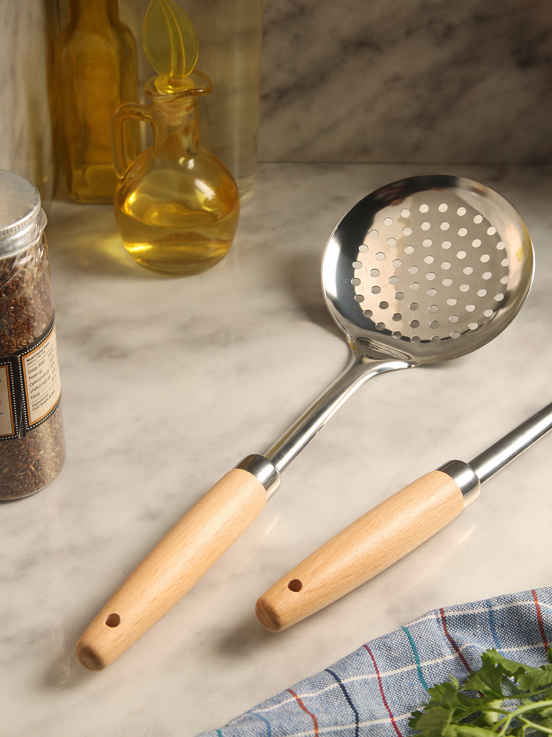 NATURALLY YOURS Brown & Silver Toned 2 Pcs Stainless Steel & Wooden Skimmers With Handle