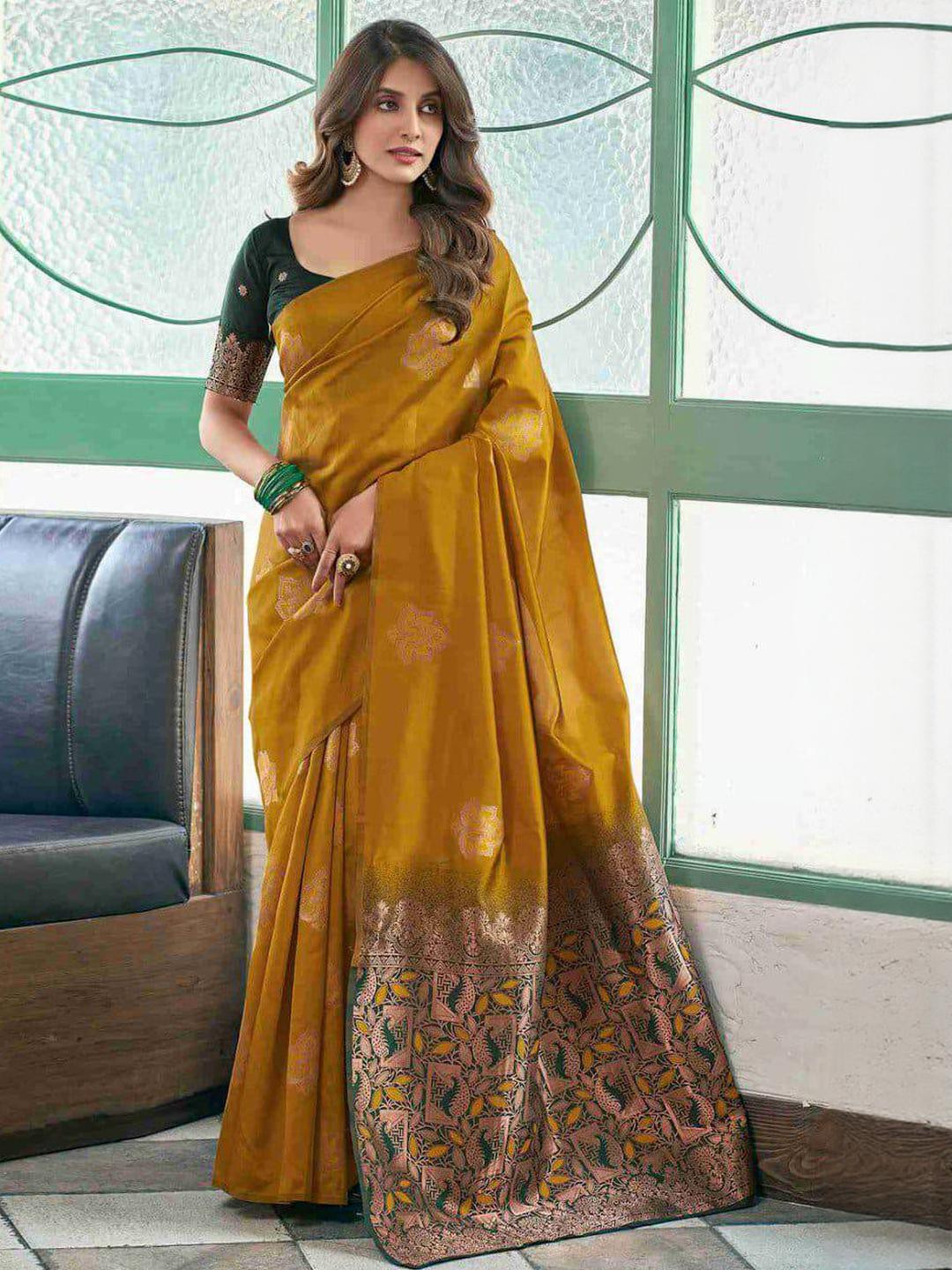 GHAN SALS Yellow Silk Blend Woven Design Sarees