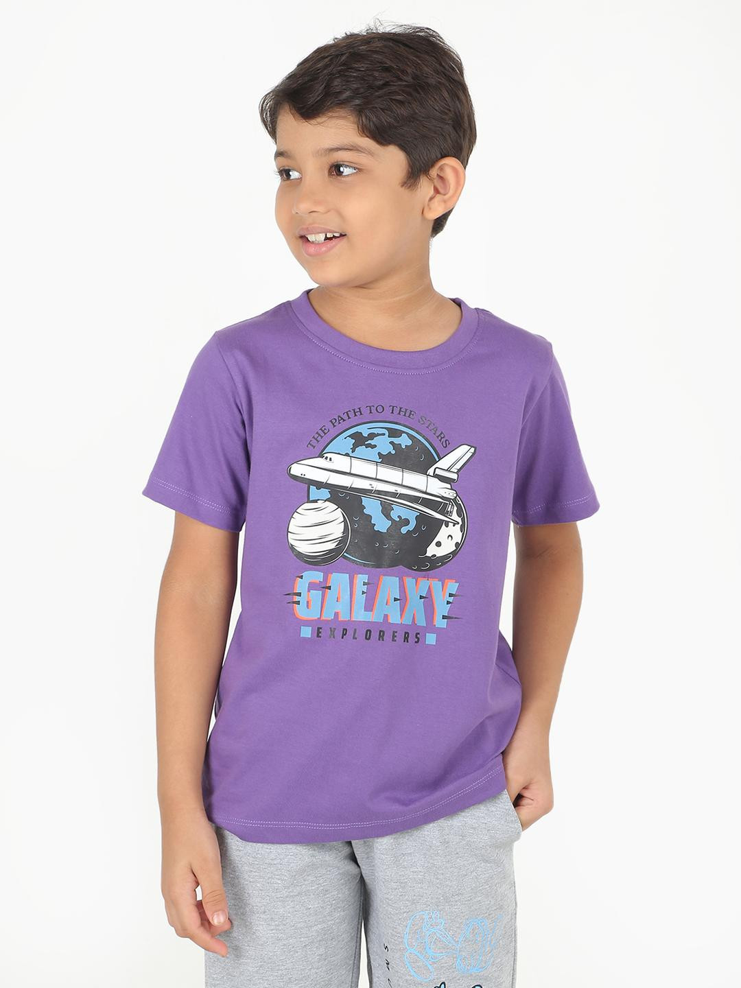 REBORN Boys Purple Round Neck Short Sleeves Printed Cotton Casual T-Shirt