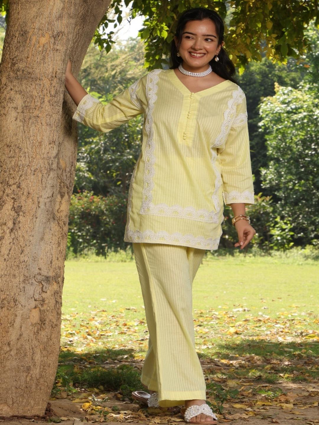 House of Surkh Women Yellow V-Neck Three-Quarter Sleeves Pure Cotton Kurti