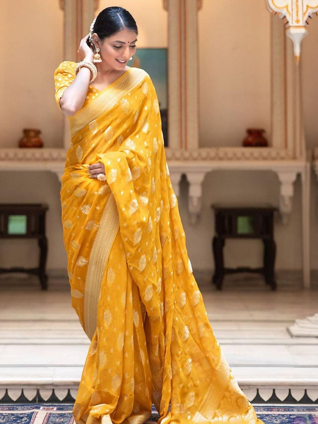 GHAN SALS Yellow Silk Blend Woven Design Sarees