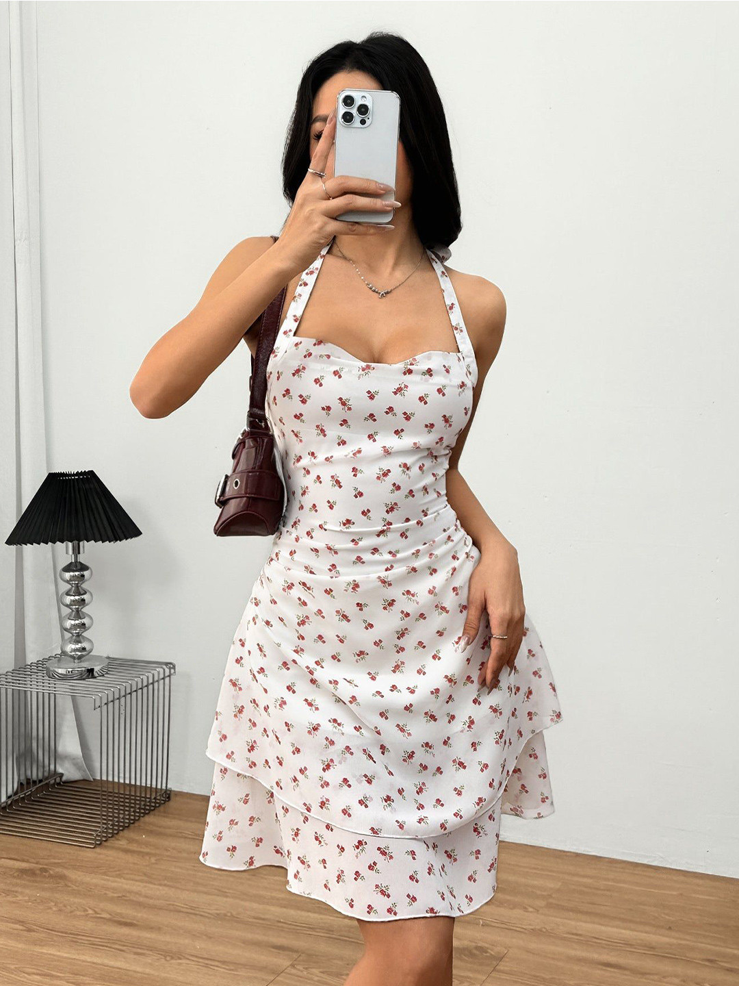 Outzidr Women Floral Print Halter Neck Backless Double Flap Dress