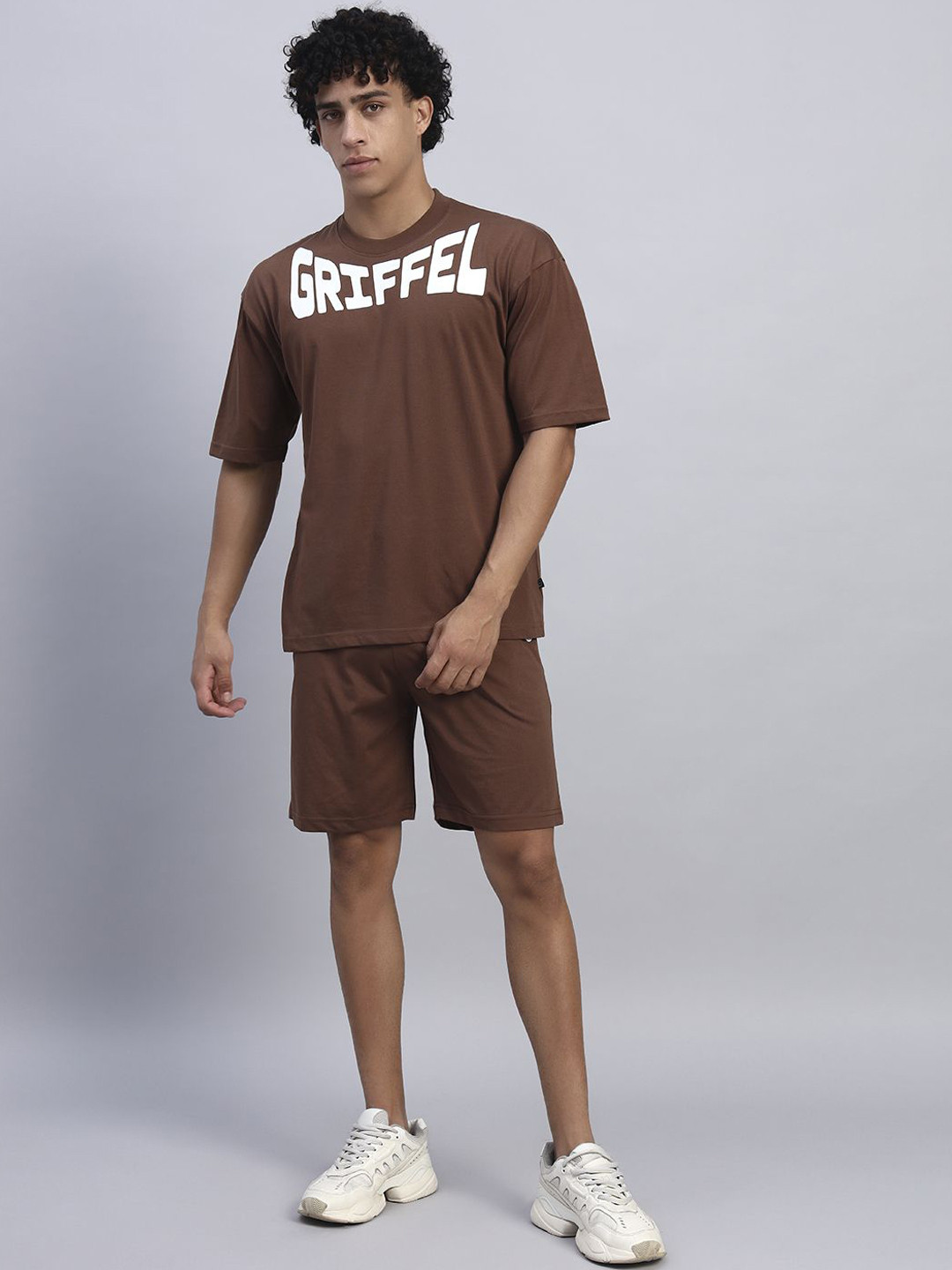 GRIFFEL Brand Logo Printed Pure Cotton Oversized T-Shirt With Shorts