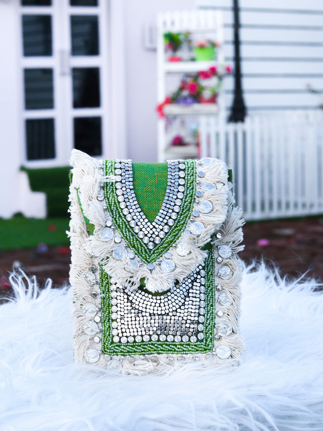 NR By Nidhi Rathi Boho Fringe Embellished Box Clutch