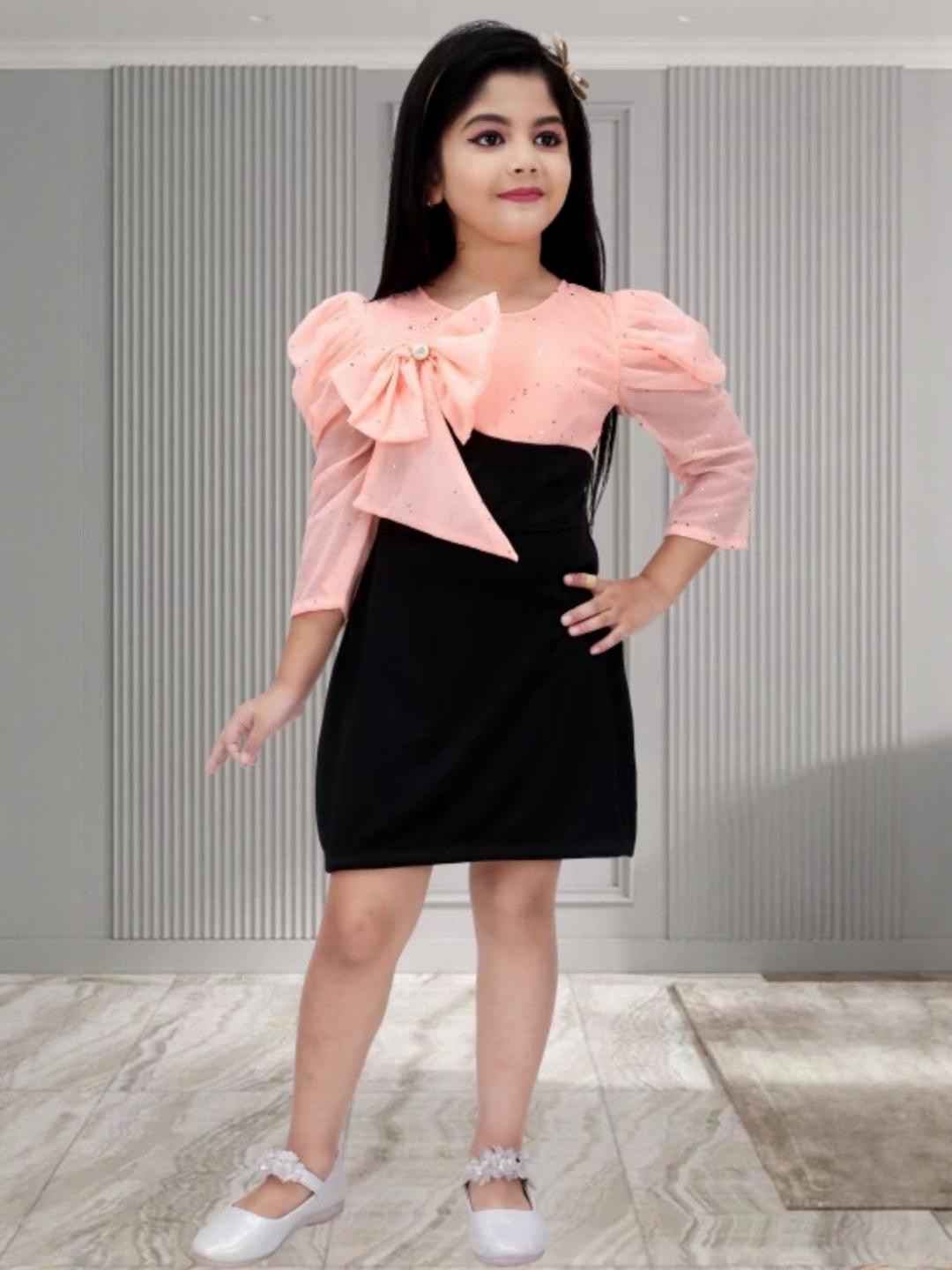 FARIHA FASHIONS Girls Pink & Black Bow Detail Puff Sleeve Mini Dress