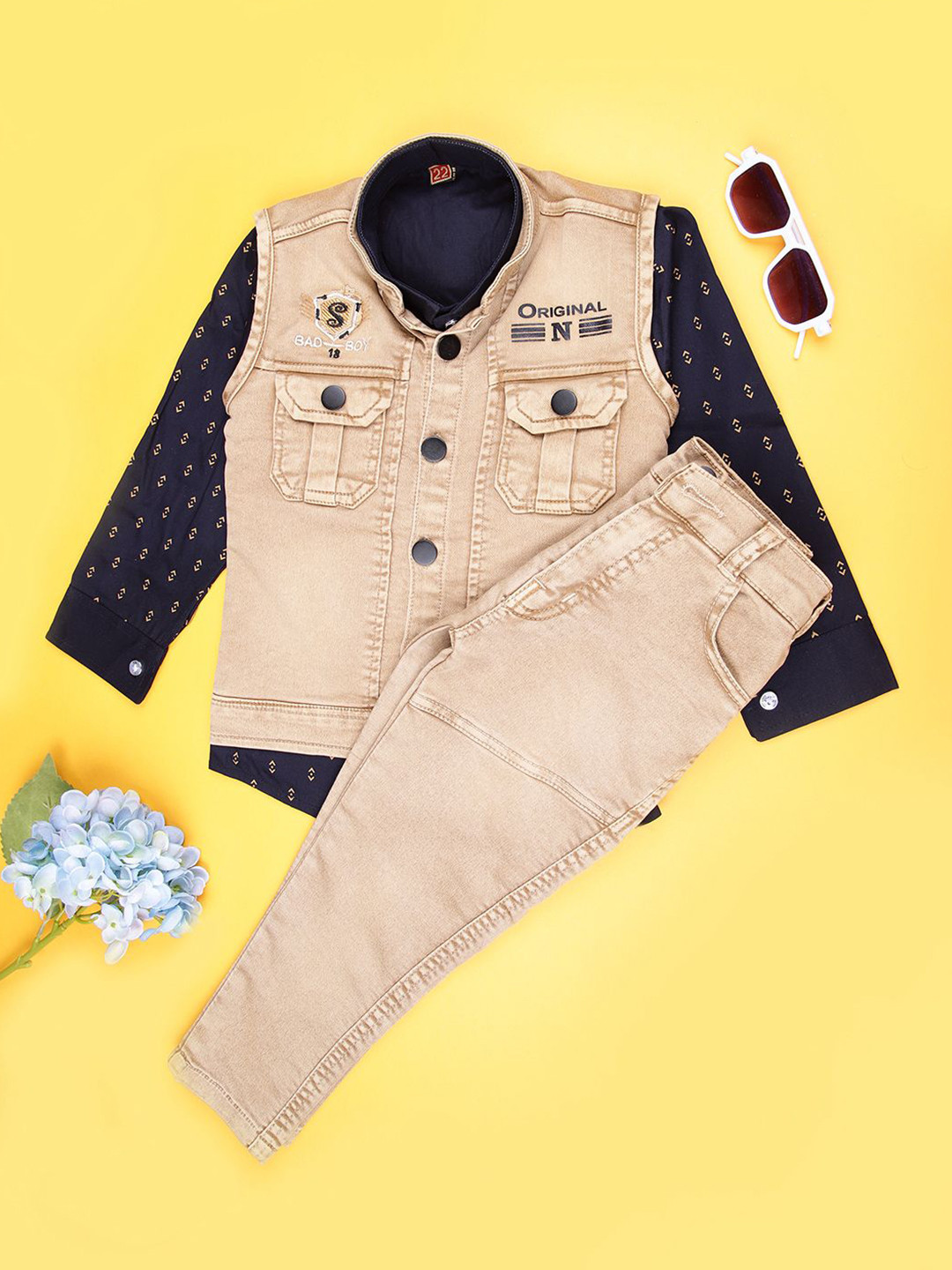 V-Mart Infant Printed Long Sleeves Shirt With Trousers & Waistcoat