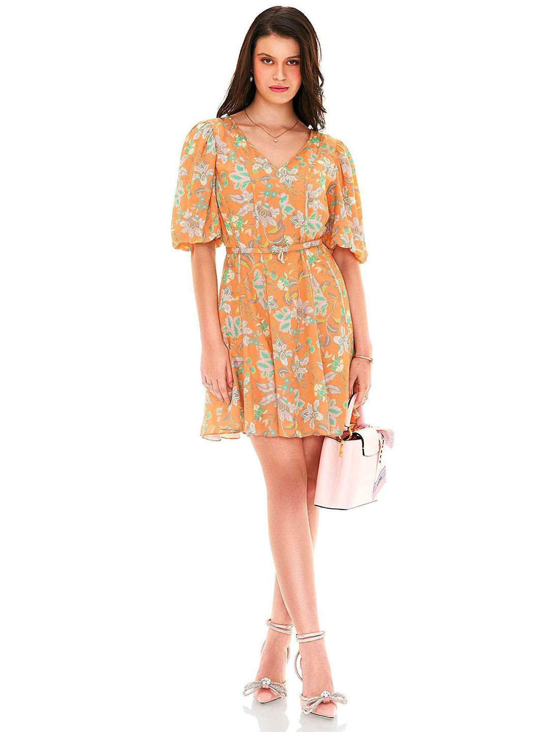 PRETTY PIXIE Floral Printed Puff Sleeves Cotton Fit & Flare Dress