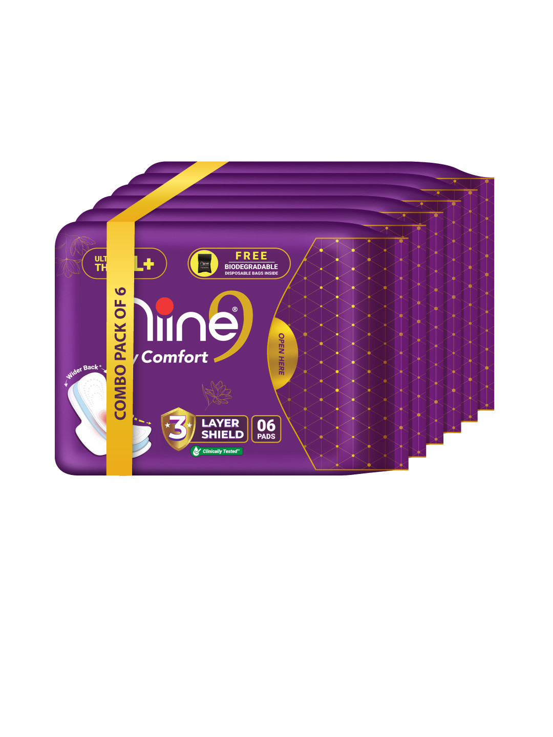 Niine Set of 6 XL Dry Comfort Ultra Thin Antileak Pads With Disposable Bags 36 Pads