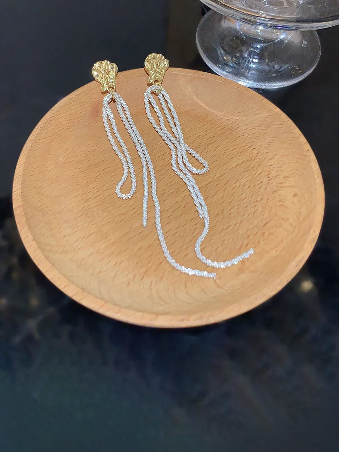 NIVIZEN Gold-Plated Crystal Studded Textured Contemporary Two-Tone Drop Earrings