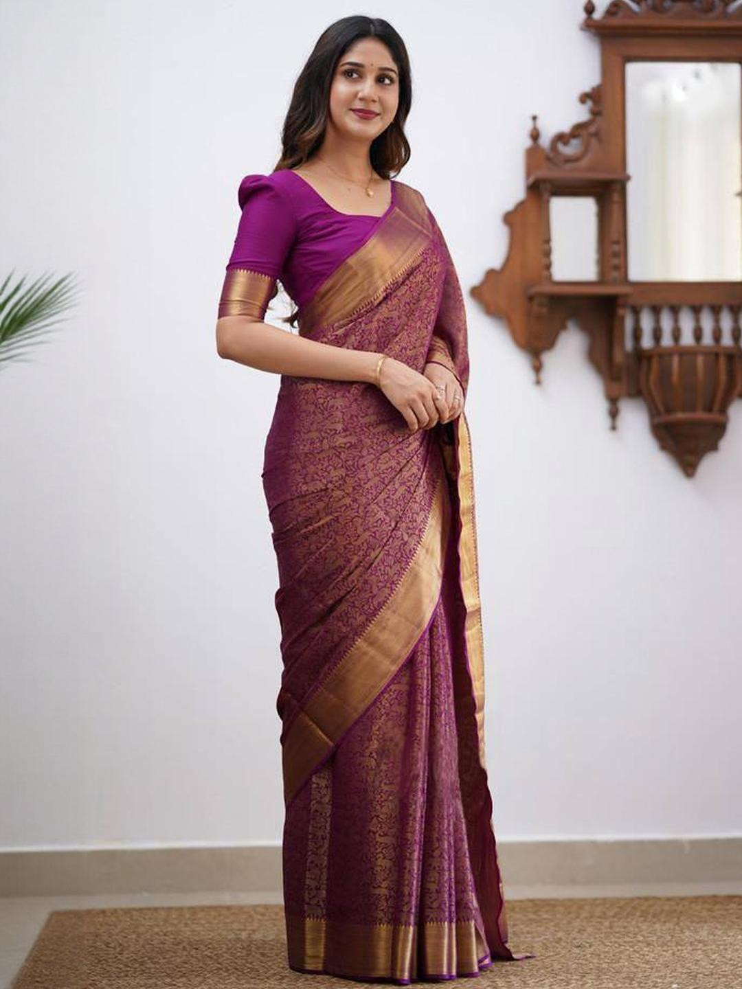 GHAN SALS Magenta Silk Blend Woven Design Sarees