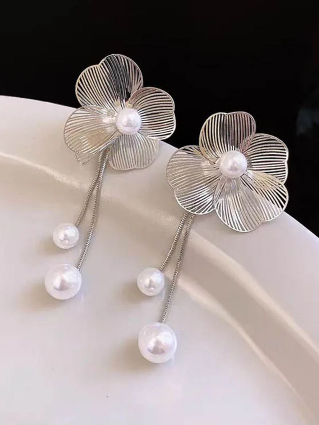 NIVIZEN Pearls Beaded Korean Tasselled Floral Shaped Drop Earrings