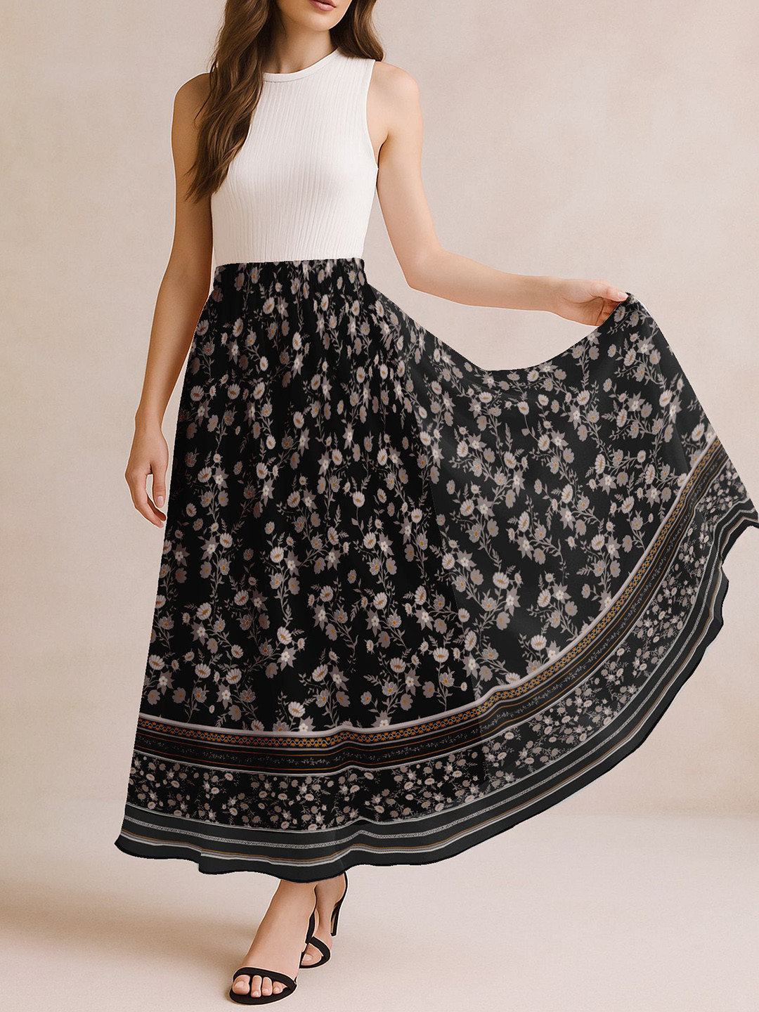 Moomaya Women Floral Printed High Waist Flowy A-Line Maxi Skirt