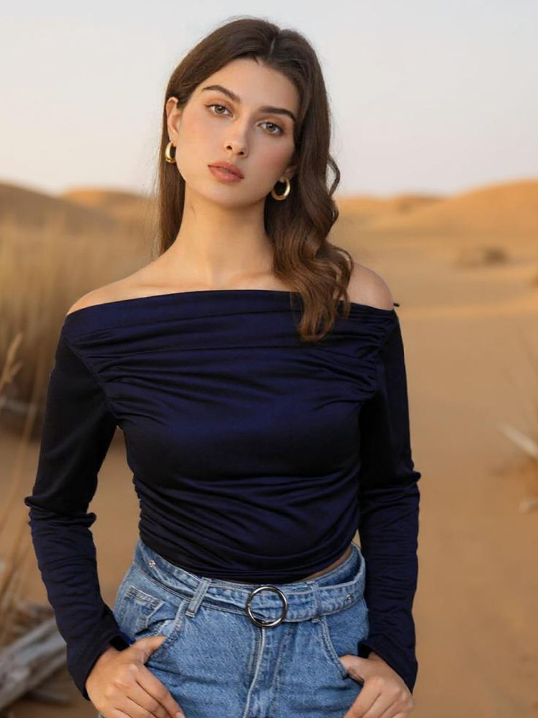 Womenster Women Off-Shoulder Long Sleeves Pleated Bardot Crop Top