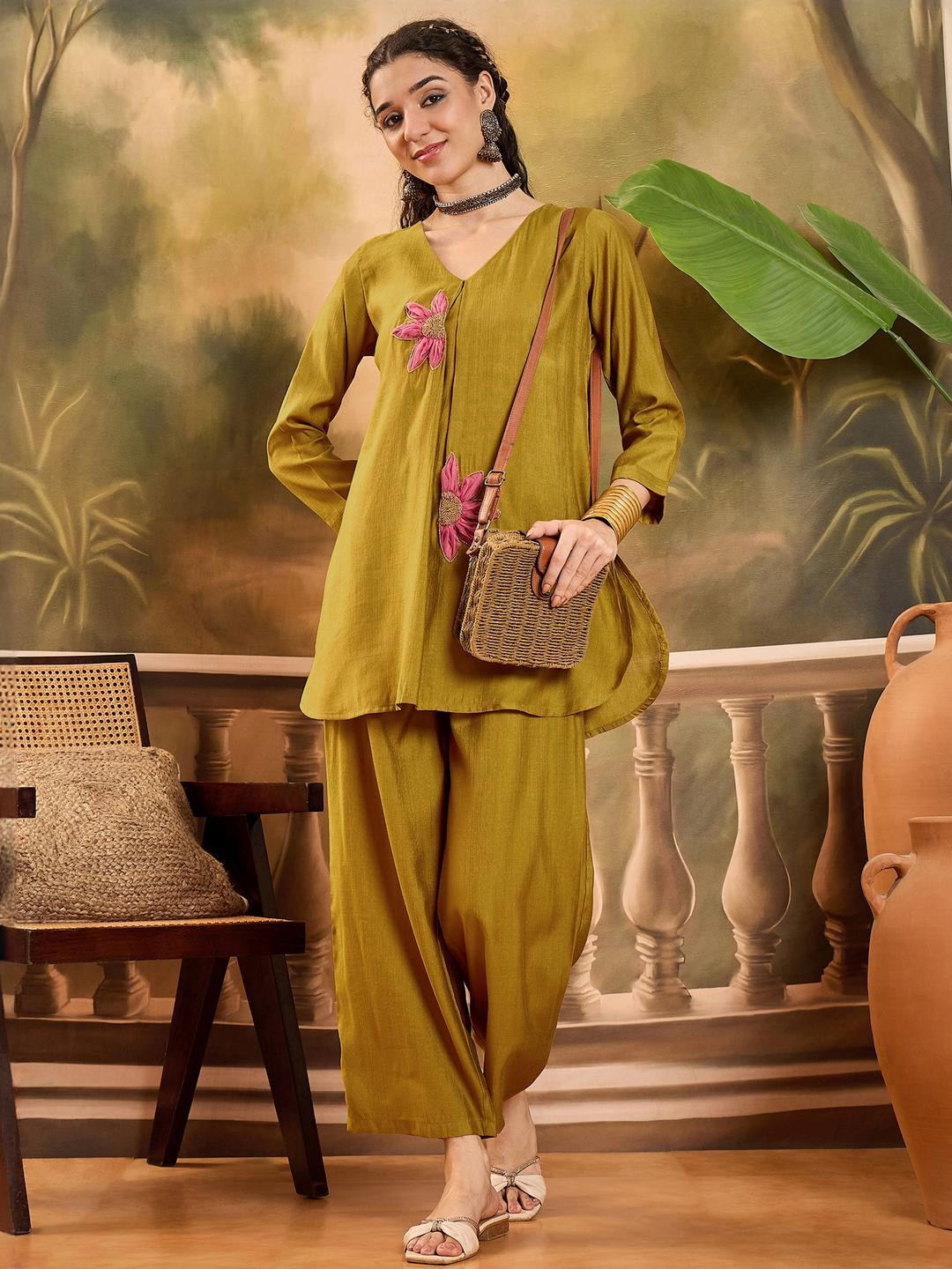 Sangria Women Mustard Patch Work Tunic and Trouser Co-Ords Set