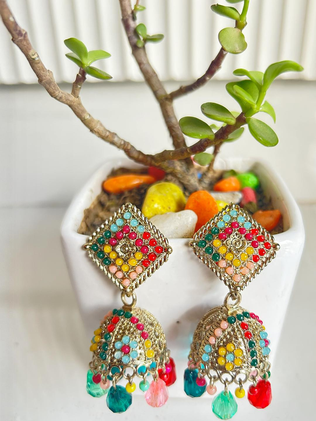 House of Nimriti Women Multicolored Gold-Plated Diamond Shaped Drop Earrings