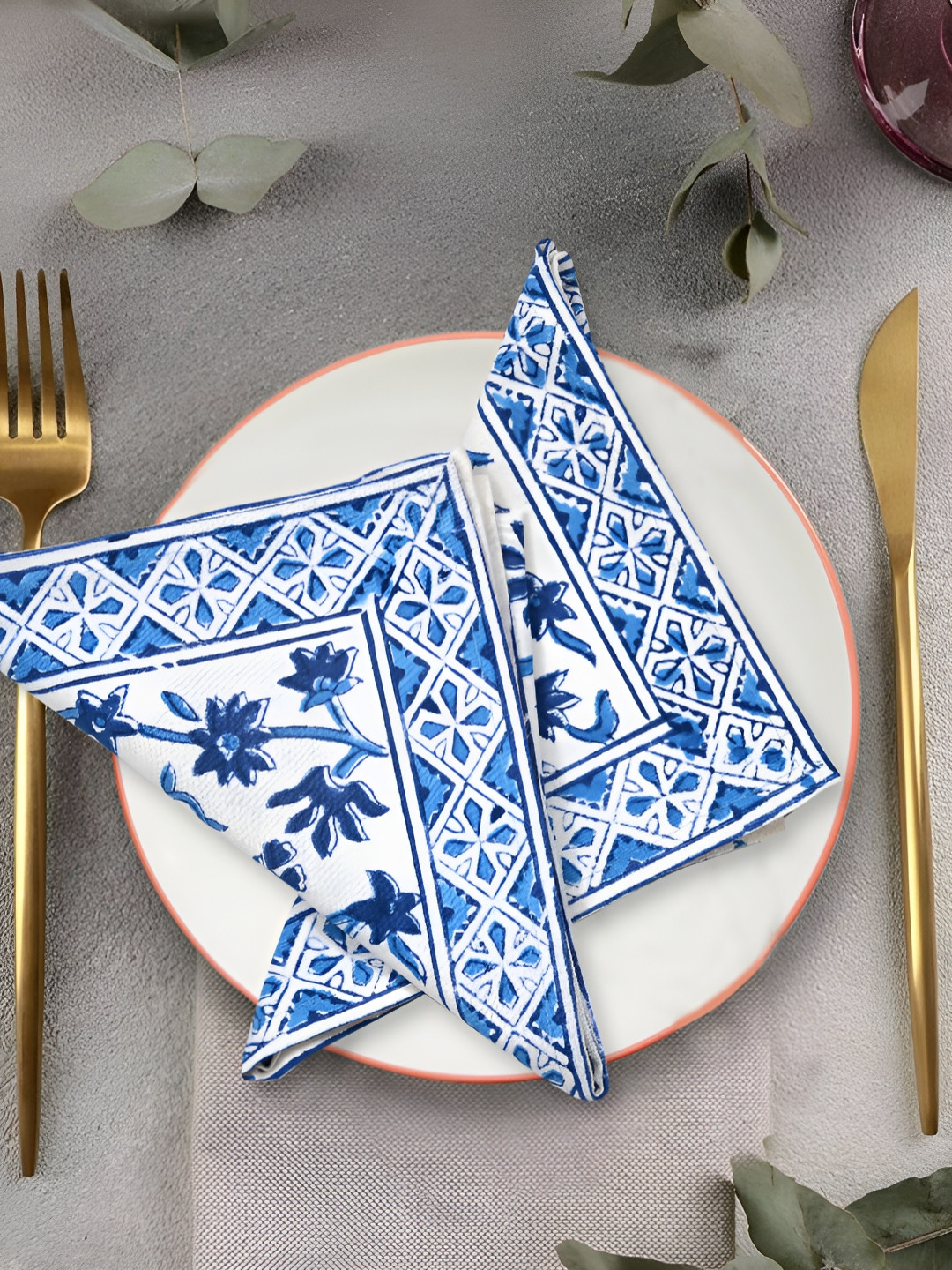 BLOCKS OF INDIA 6Pcs White & Blue Block Printed Pure Cotton Table Napkins