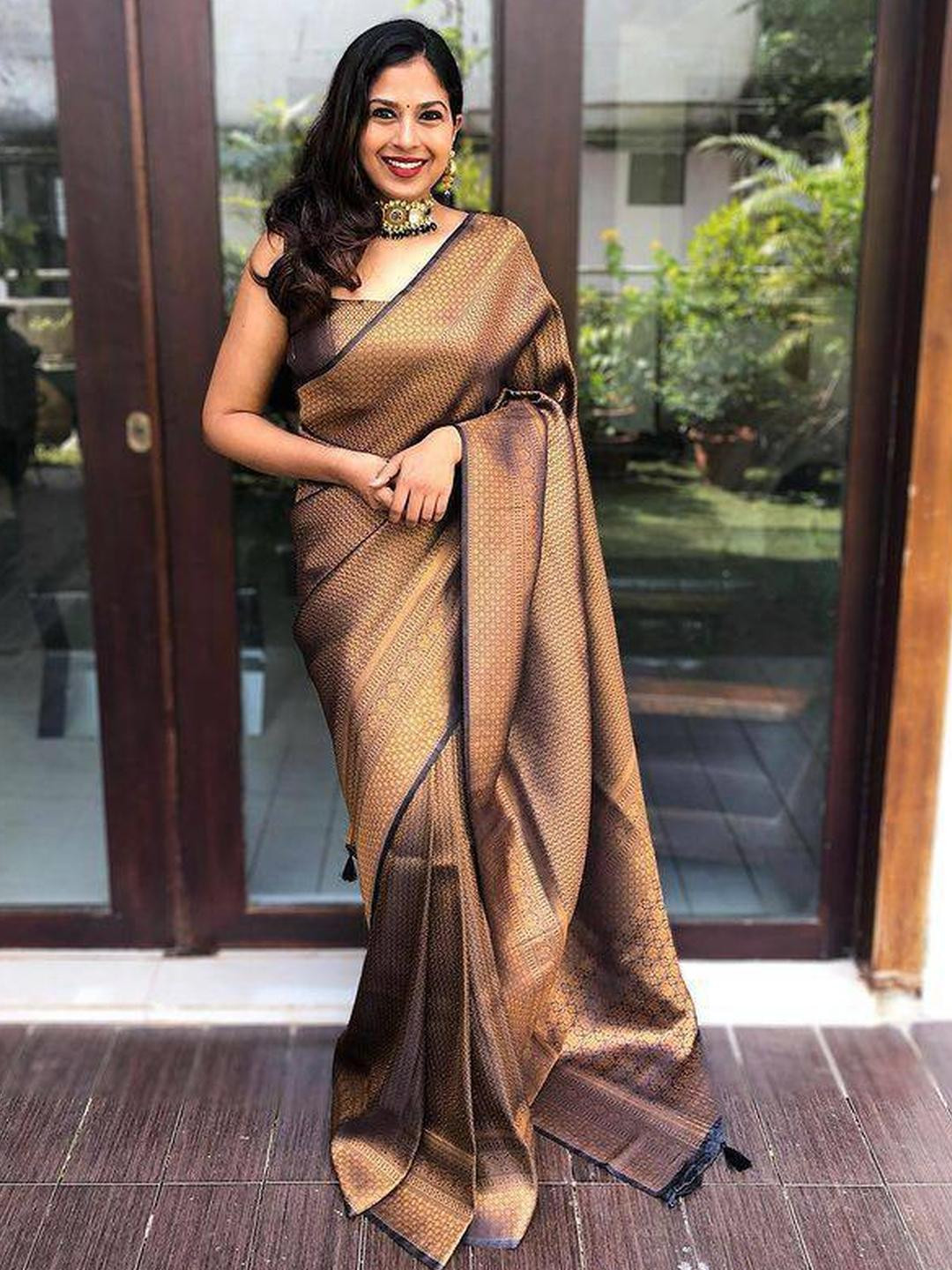 GHAN SALS Brown Silk Blend Woven Design Sarees