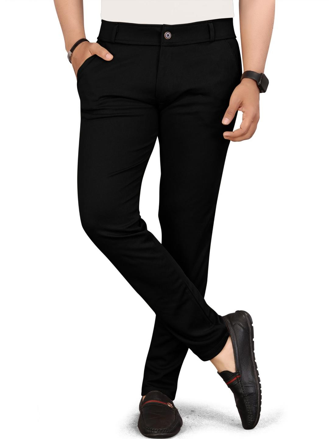 Akshat Enterprise Men Black Solid Mid-Rise Slim Fit Trousers