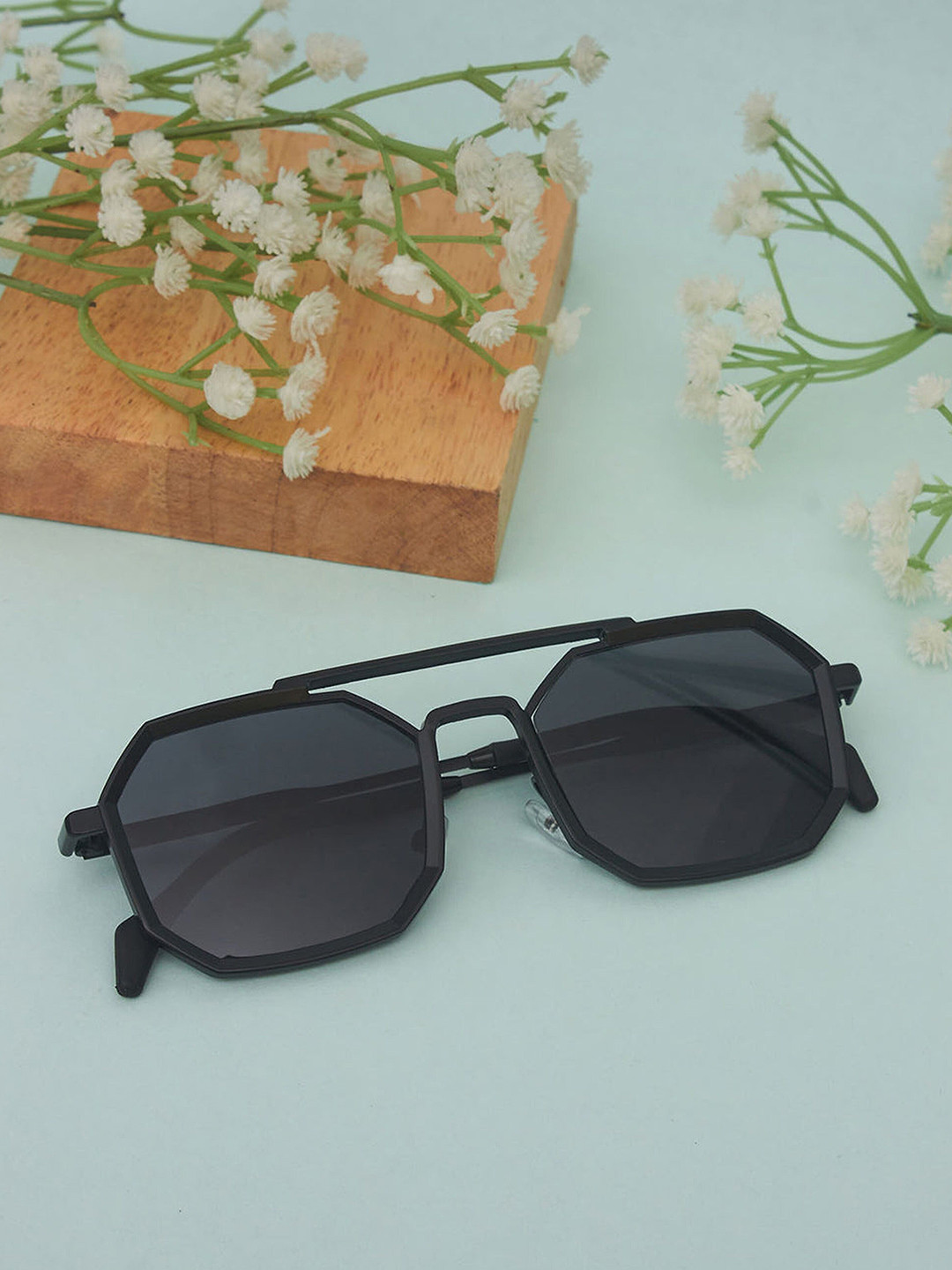 SPADEACES Unisex Rectangle Sunglasses FULL BLACK HEXAGUN-232-Black