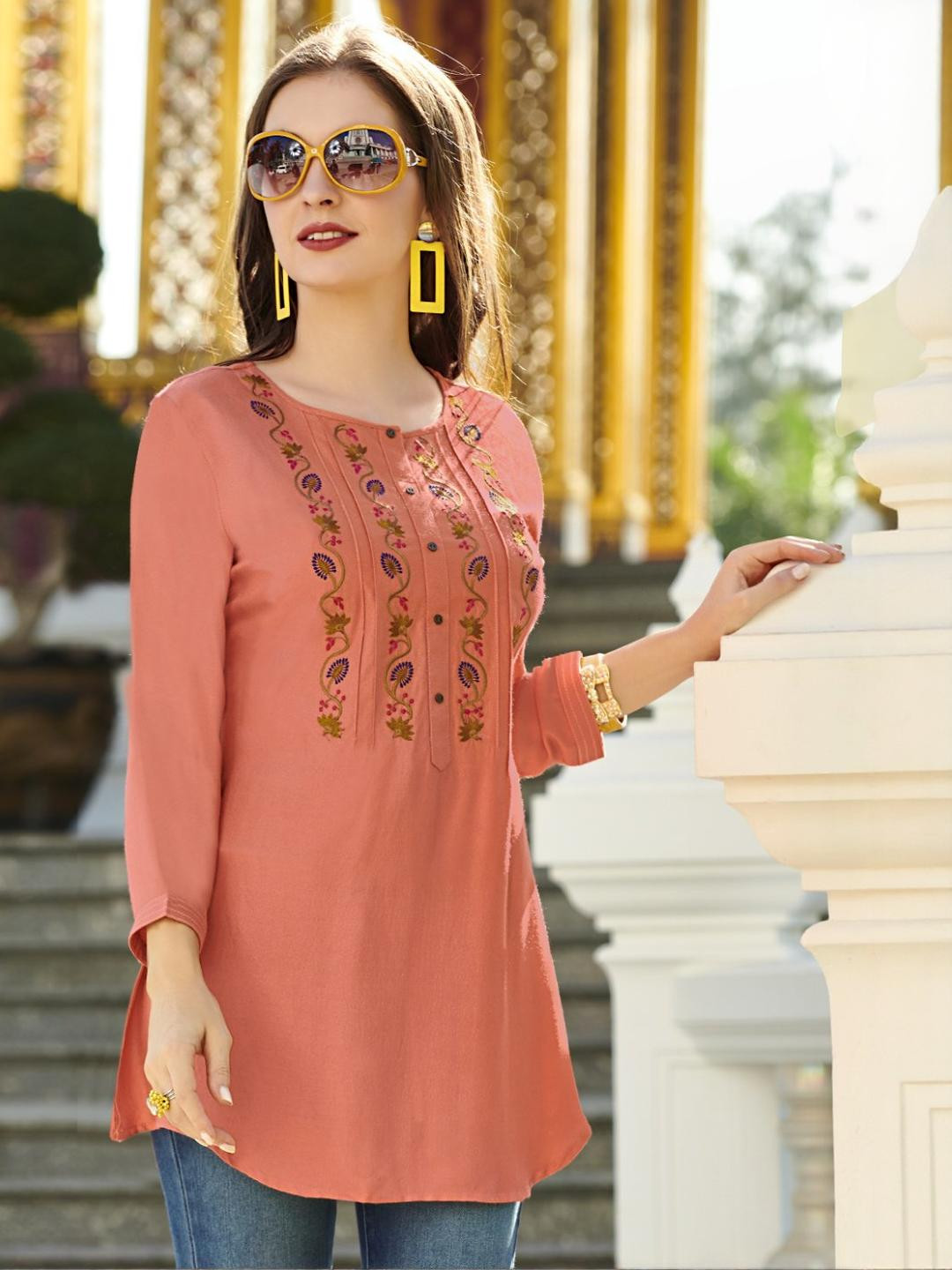 RR SA KURTIS Women Peach Embroidered Round Neck Viscose Rayon Top