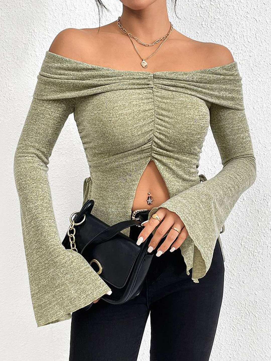 Outzidr Women Off Shoulder Bardot Top With Cut-Out Details