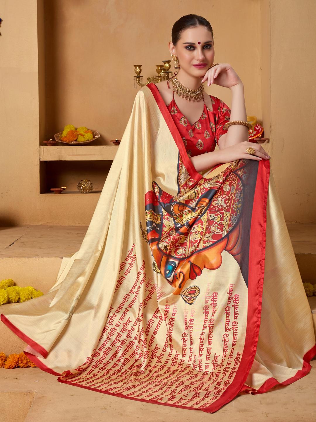 RACHNA Shloka Printed Durga Pooja Ready To Wear Saree