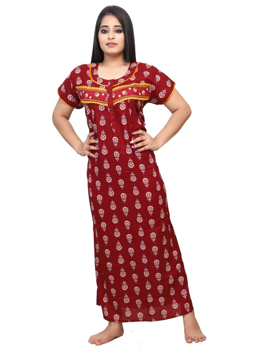 NIGHTFAB Women Red Printed Round Neck Short Sleeves Cotton Maxi Nightdress