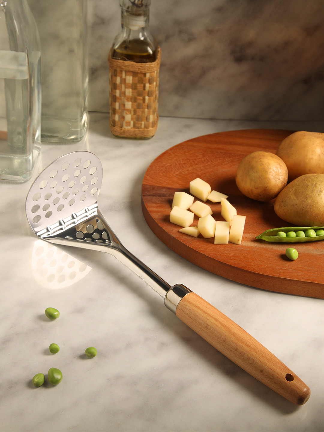 NATURALLY YOURS Brown & Grey Stainless Steel & Wooden Masher