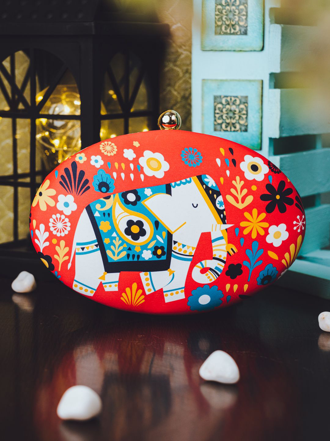NR By Nidhi Rathi Elephant & Floral Printed Oval Box Clutch