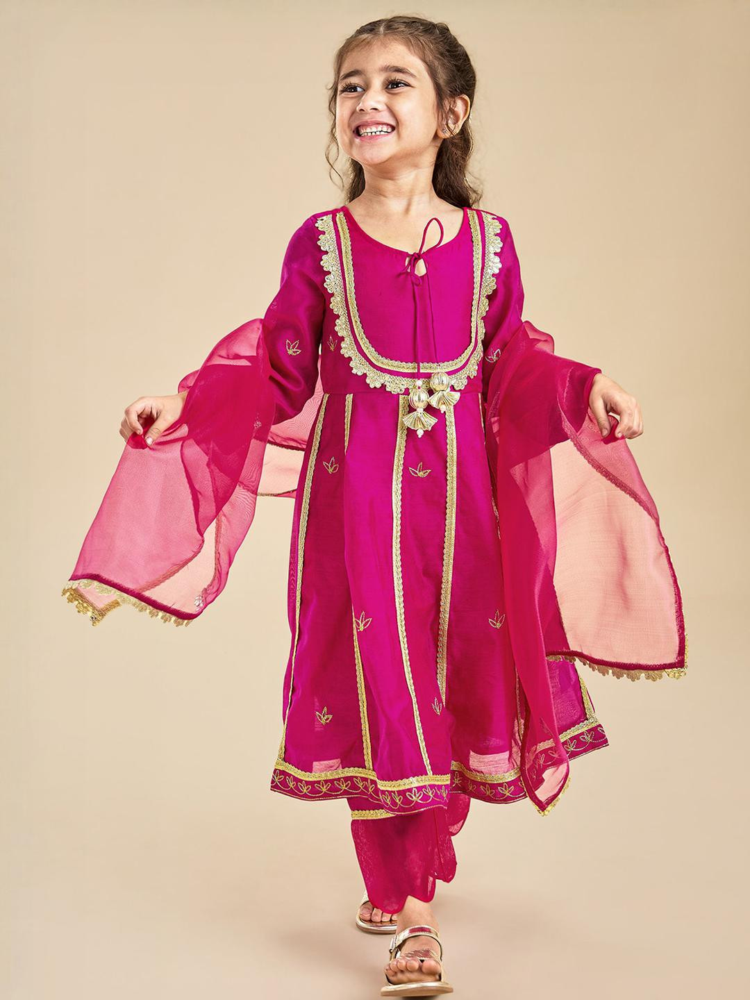 Hopscotch Girls Magenta Pure Silk Kurta Sets