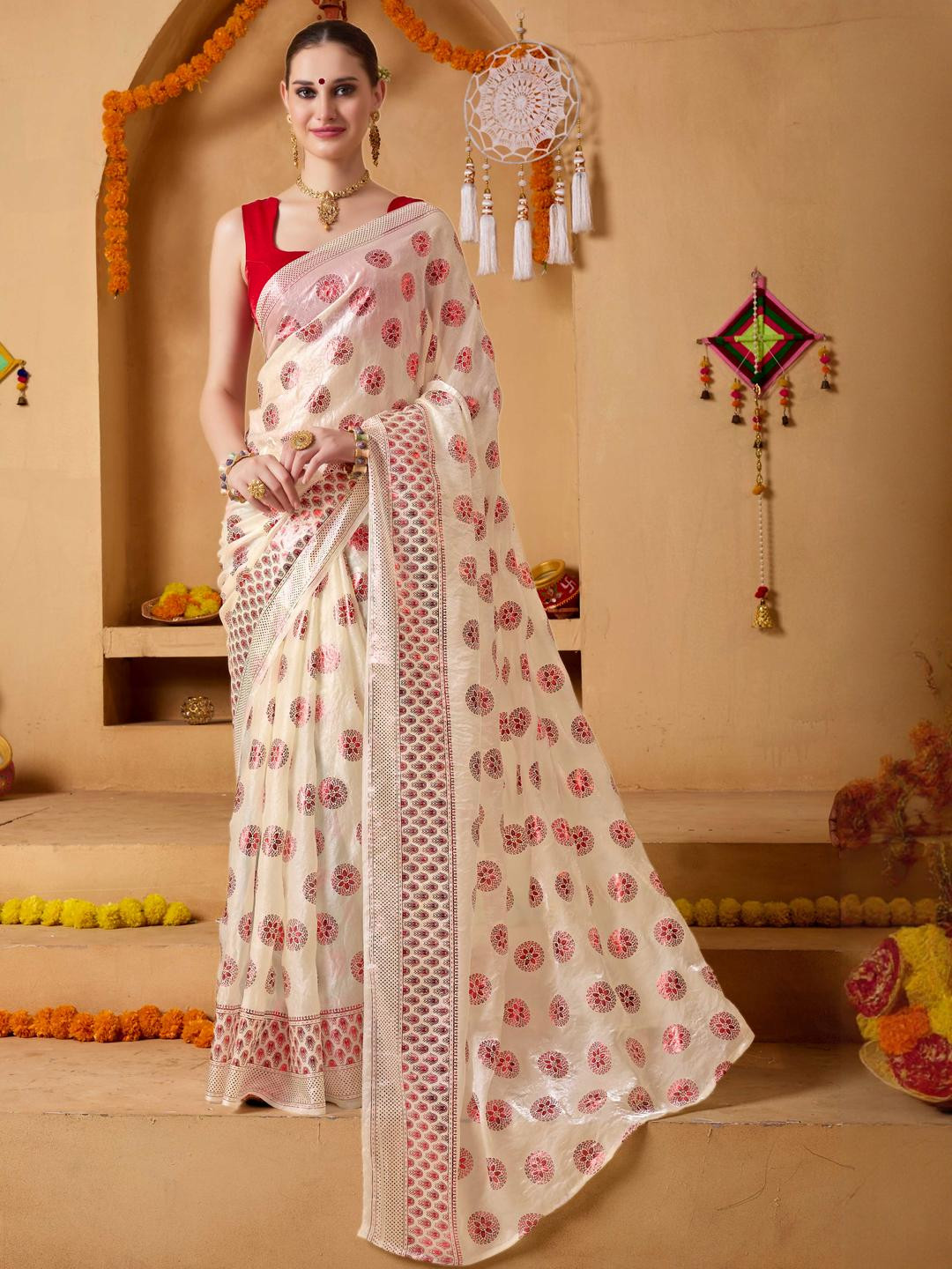 RACHNA Foil Floral Printed Fandy Ready To Wear Saree