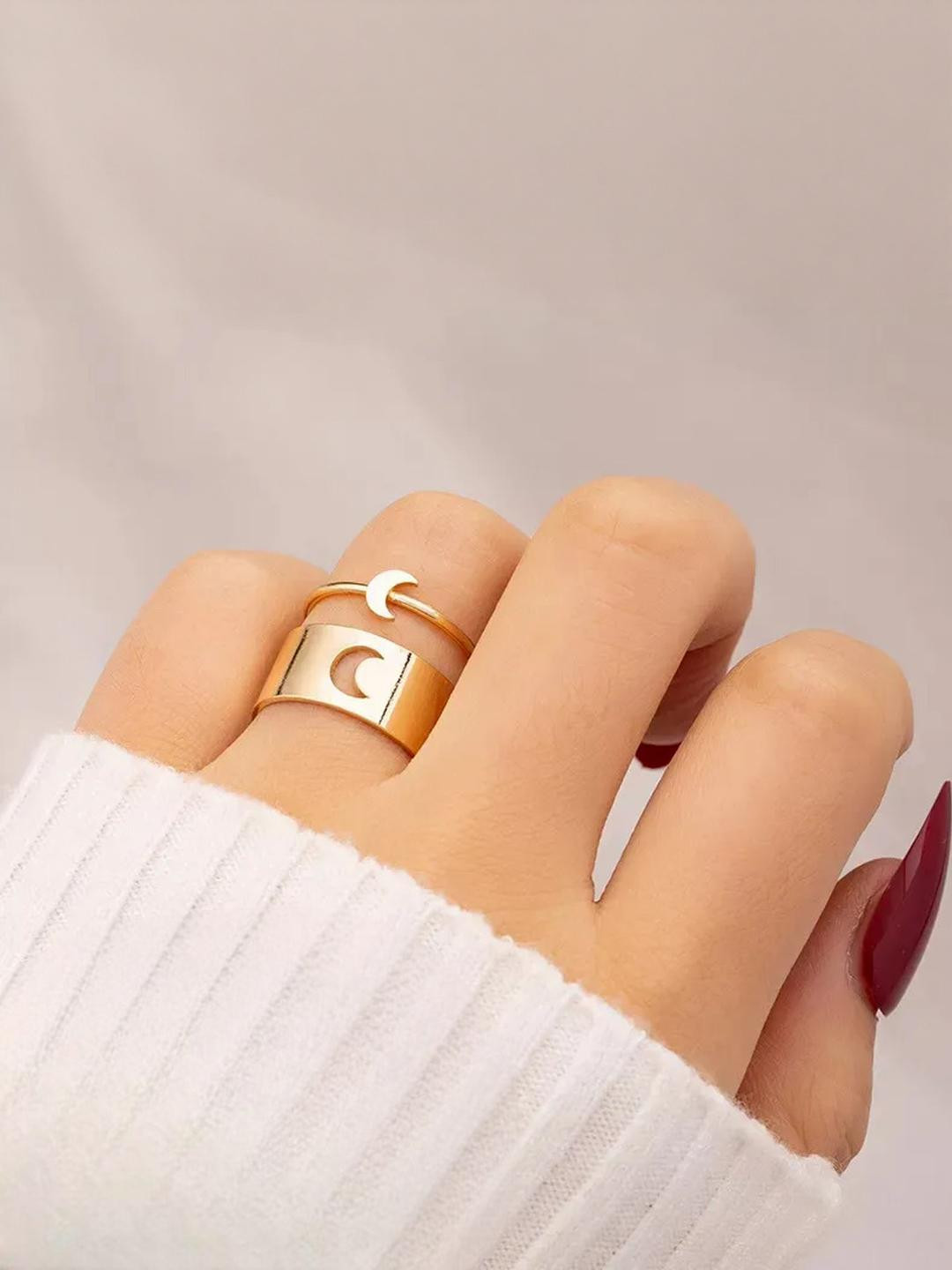 DressBerry Women Golden Half Moon Couple Ring Matching Wrap Finger Ring