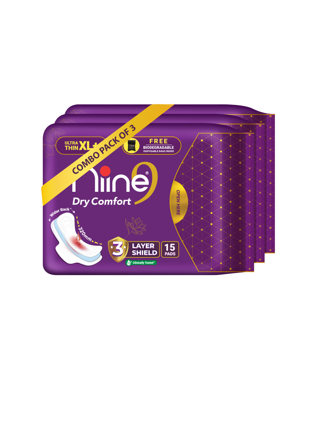 Niine XL+ Dry Comfort Ultra Thin Three Layer Protection With Disposable Bags 45 Pads