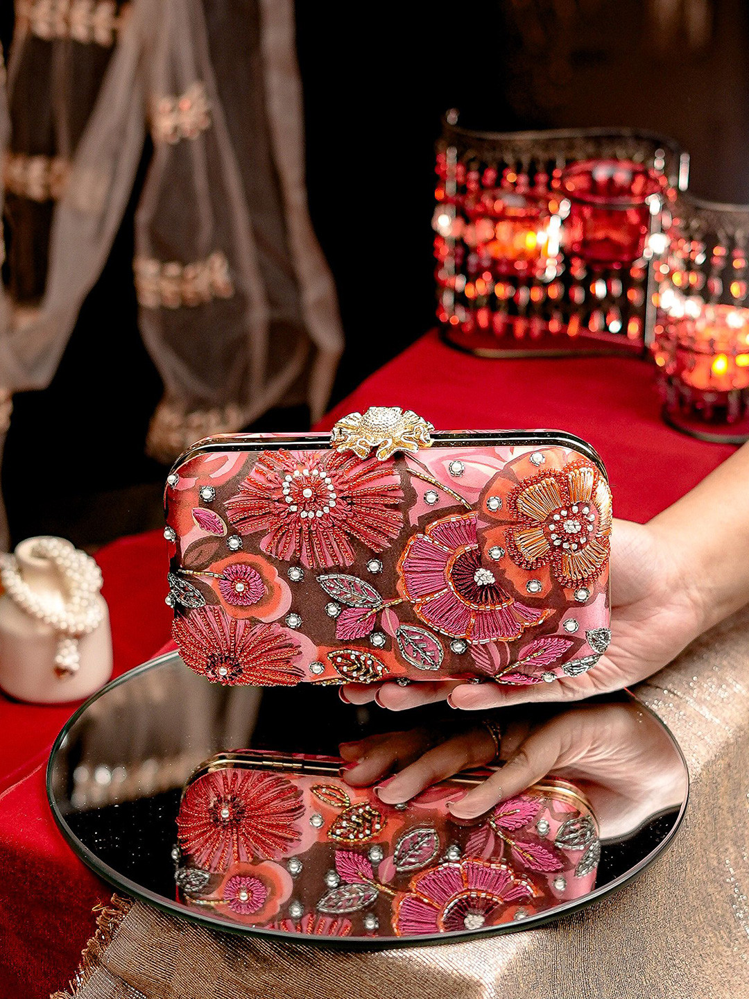 NR By Nidhi Rathi Embroidered Floral Clutch with Beaded Accent