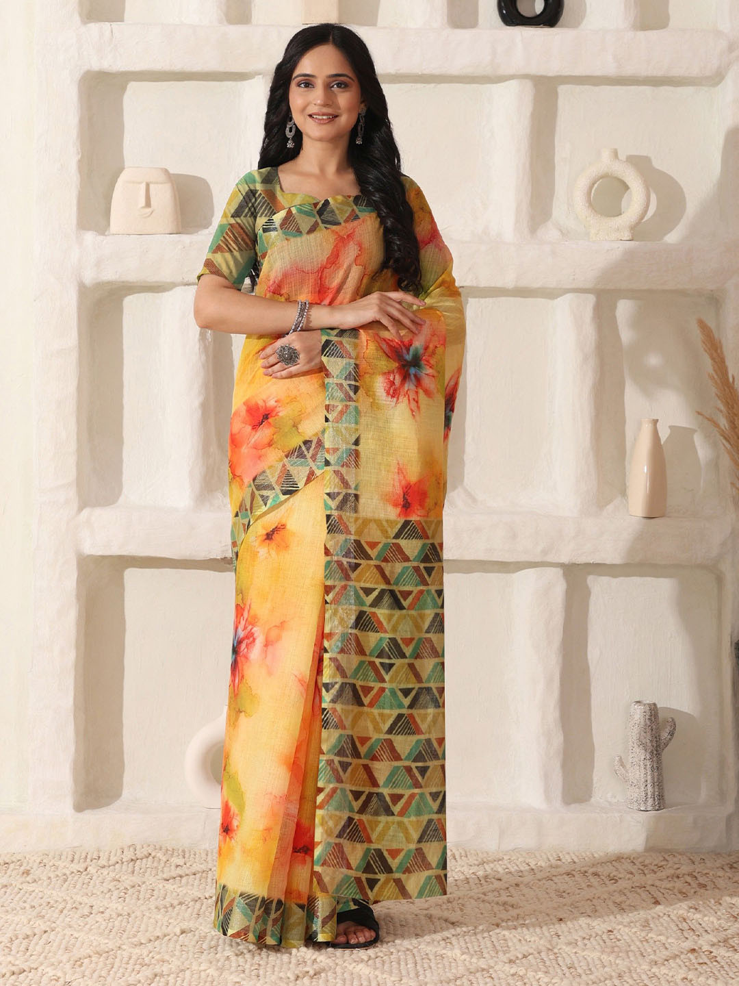 SHIVAM FABRICS Foral Printed Pure Linen Sarees