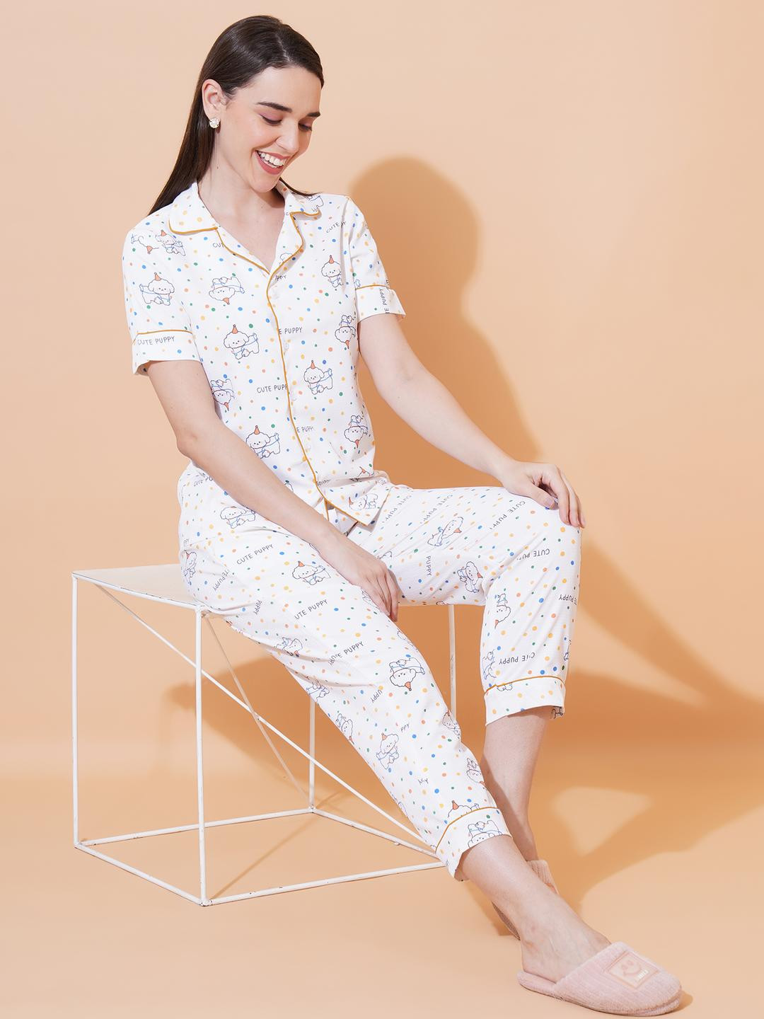 ARV TRENDS Women White Cute Puppy Print Knitted Shirt & Pajama Set