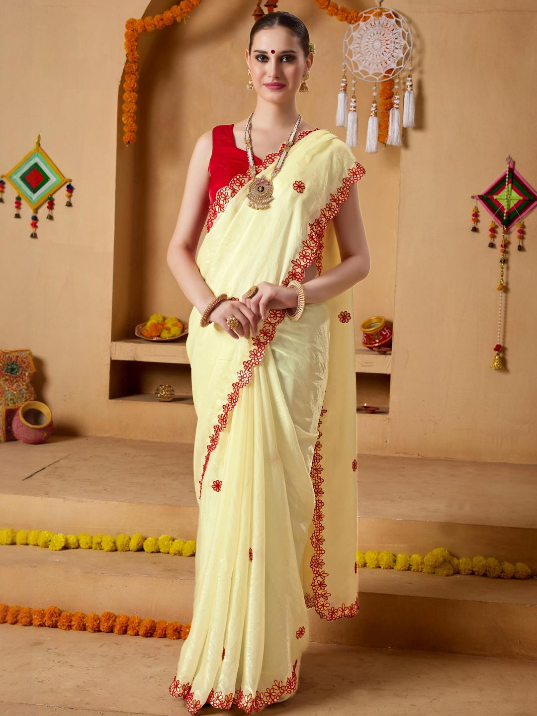 Aari Work Solid Fandy Ready To Wear Saree
