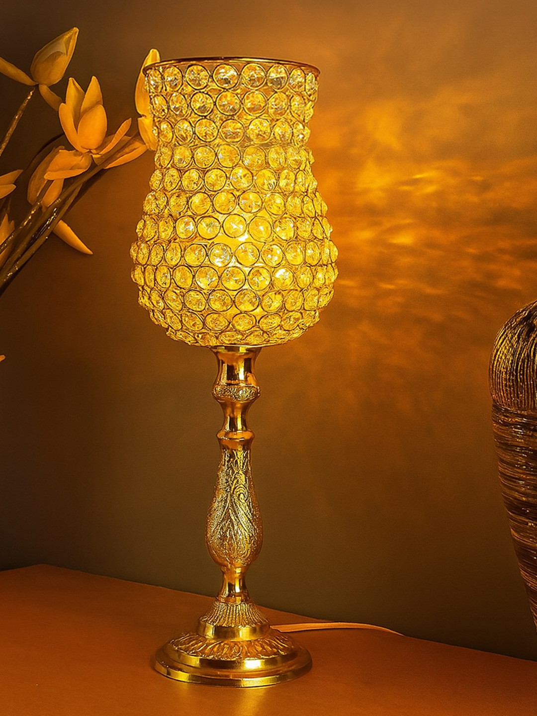 Homesake Gold-Toned Textured Classic Handcrafted Crystal Table Lamp