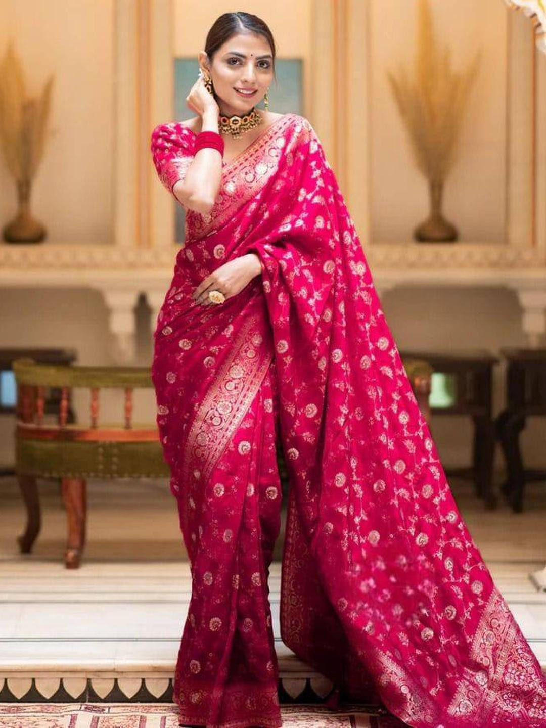 GHAN SALS Pink Silk Blend Woven Design Sarees