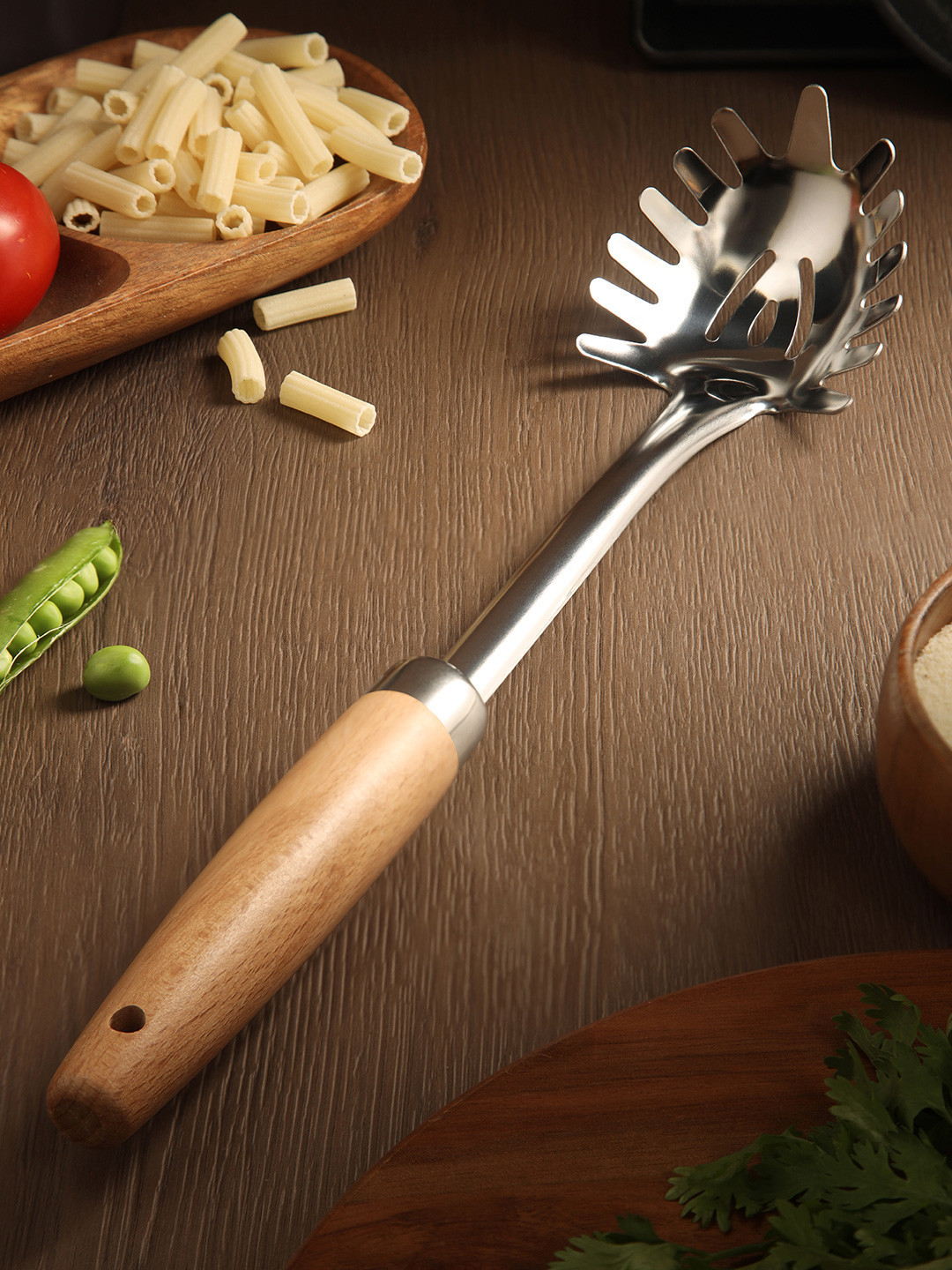 NATURALLY YOURS Brown & Grey Stainless Steel & Wooden Spaghetti Server With Handle