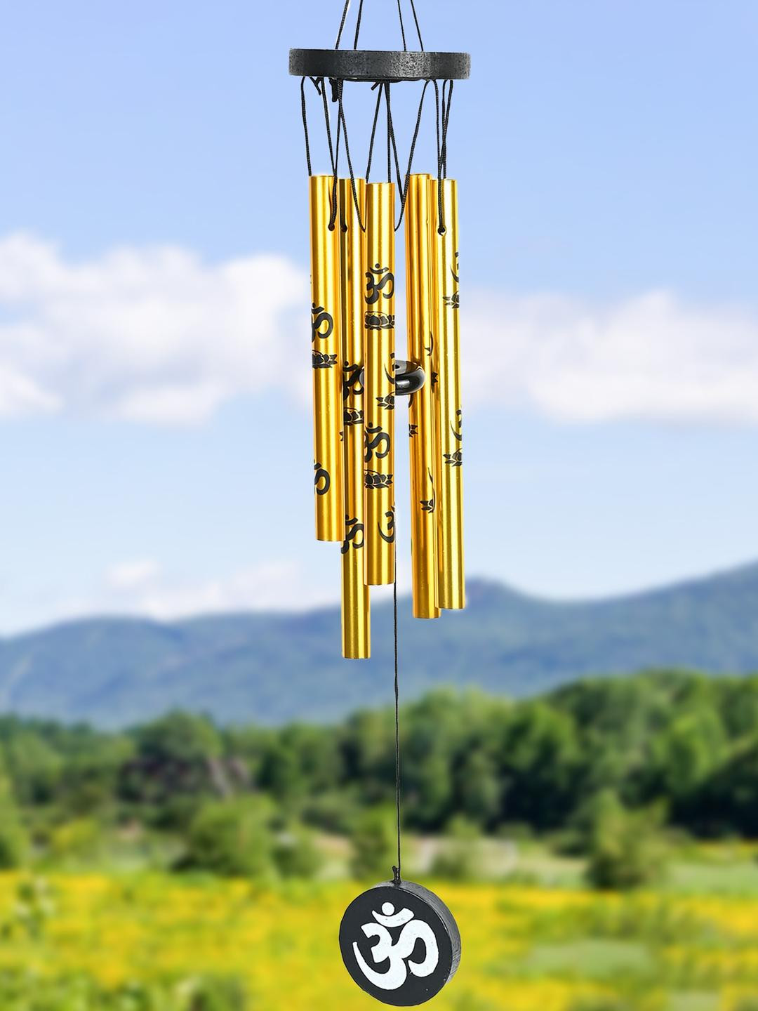 HINDCRAFT Gold Toned & Black Printed Metal Wind Chime