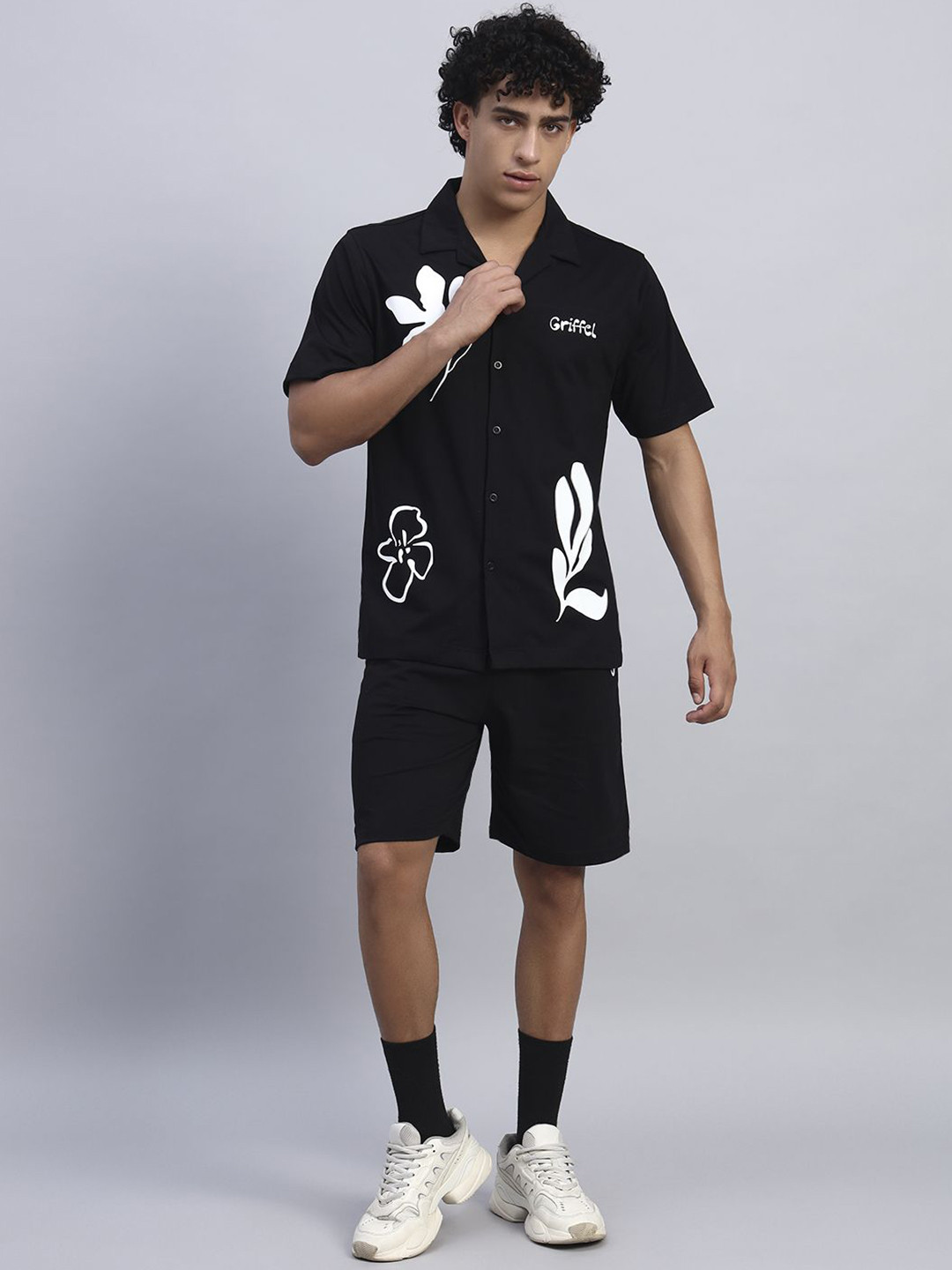GRIFFEL Floral Printed Pure Cotton Oversized Shirt With Shorts