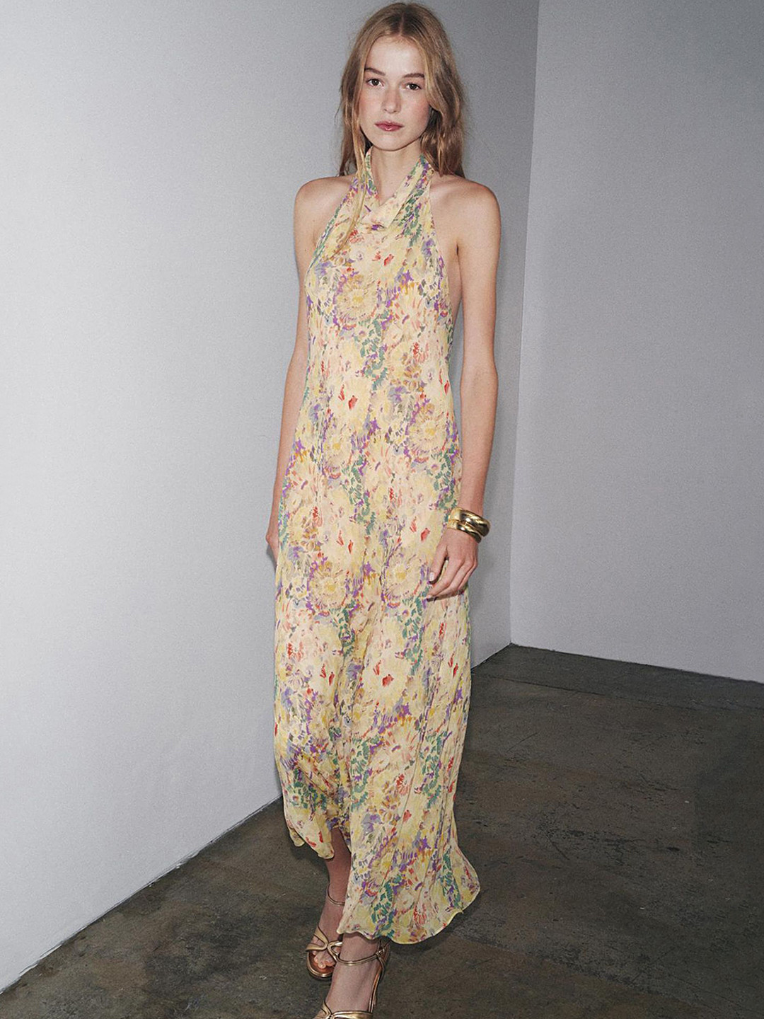 LULU & SKY Floral Print Halter Neck Backless Sheath Maxi Dress