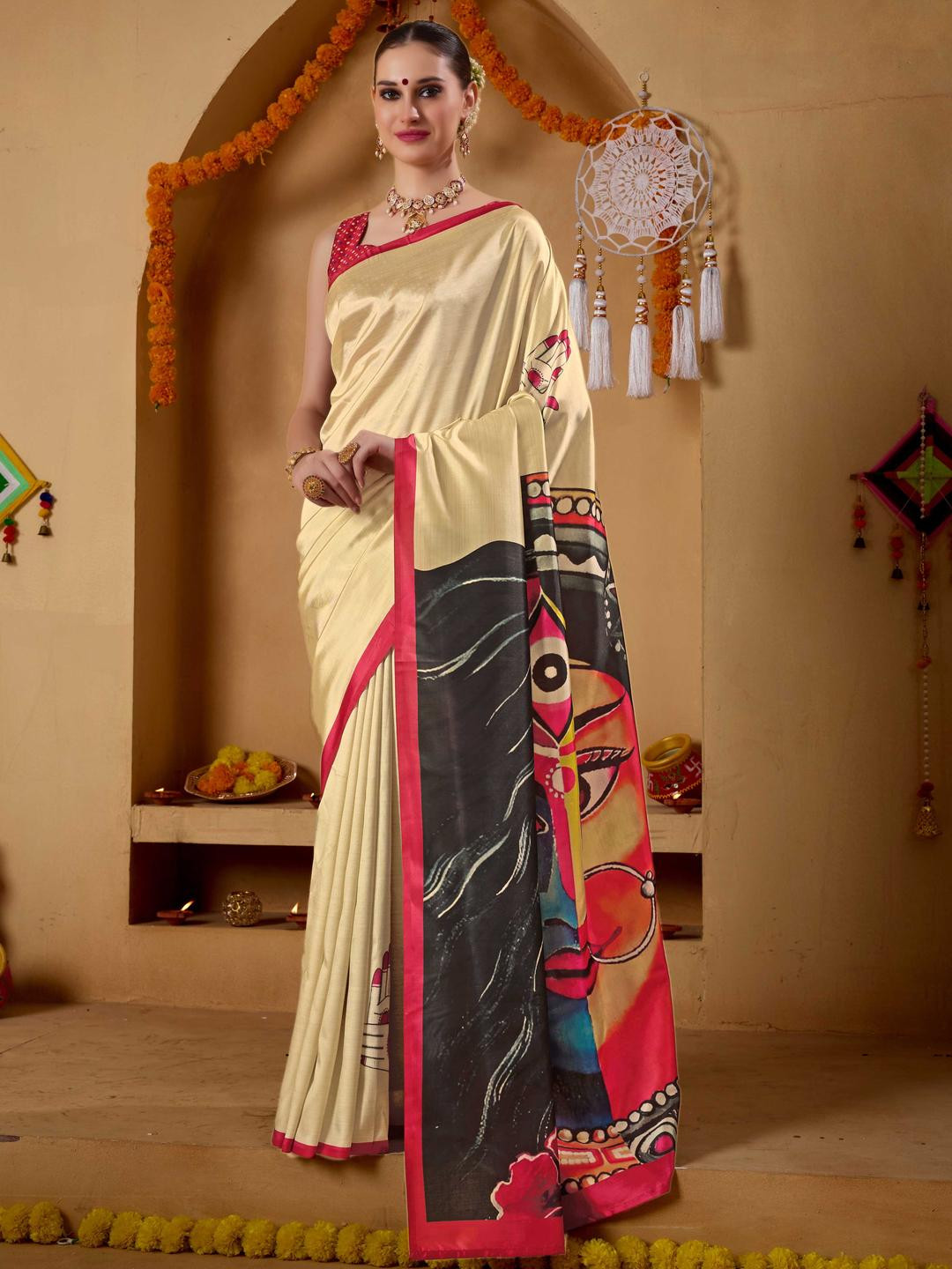 RACHNA Hands Printed Durga Pooja Ready To Wear Saree