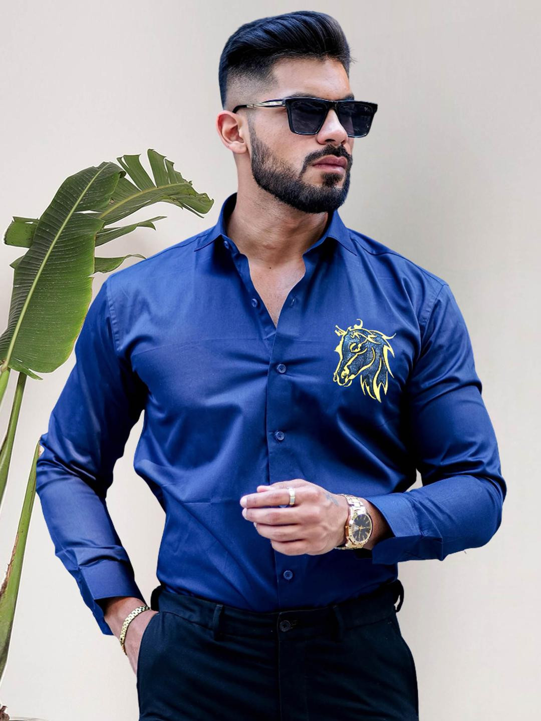 Moda Rapido Men Blue Horse Print Regular Fit Casual Shirt