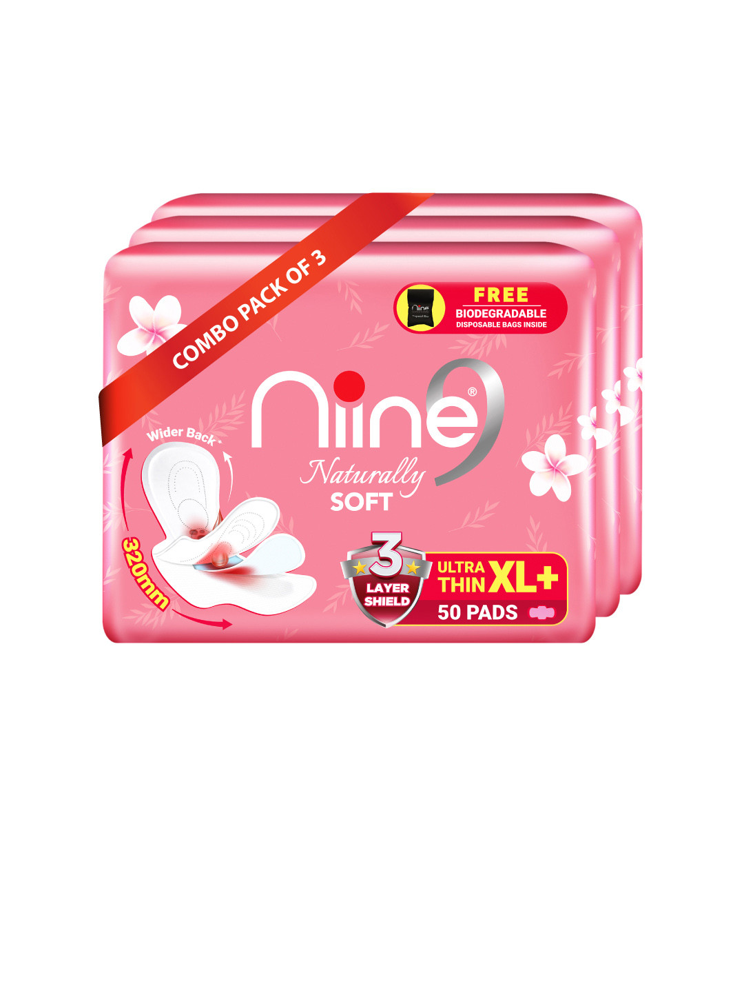 Niine Set of 3 XL+ Naturally Soft Sanitary For Heavyflow With Disposable Bags 150 Pads